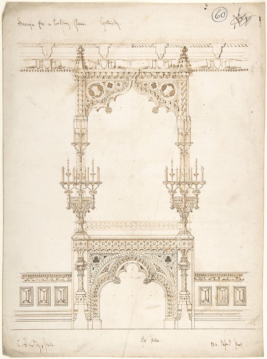 Design for a Gothic Mirror, Charles Hindley and Sons (British, London 1841–1917 London), Pen and black ink 
