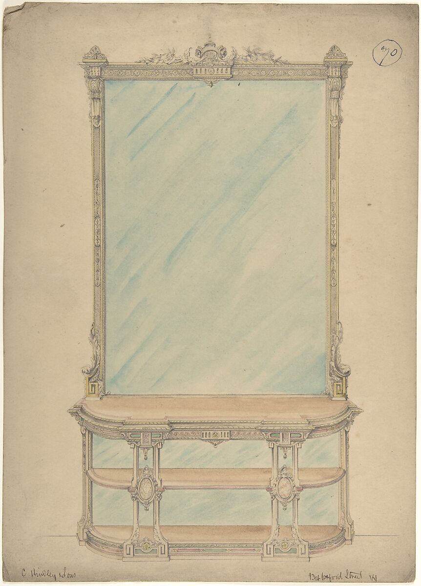 Design for a Mirror and Side Table, Charles Hindley and Sons (British, London 1841–1917 London), Graphite and watercolor