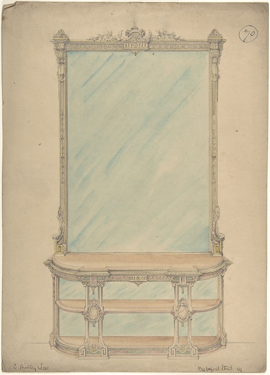 Design for a Mirror and Side Table, Charles Hindley and Sons (British, London 1841–1917 London), Graphite and watercolor 