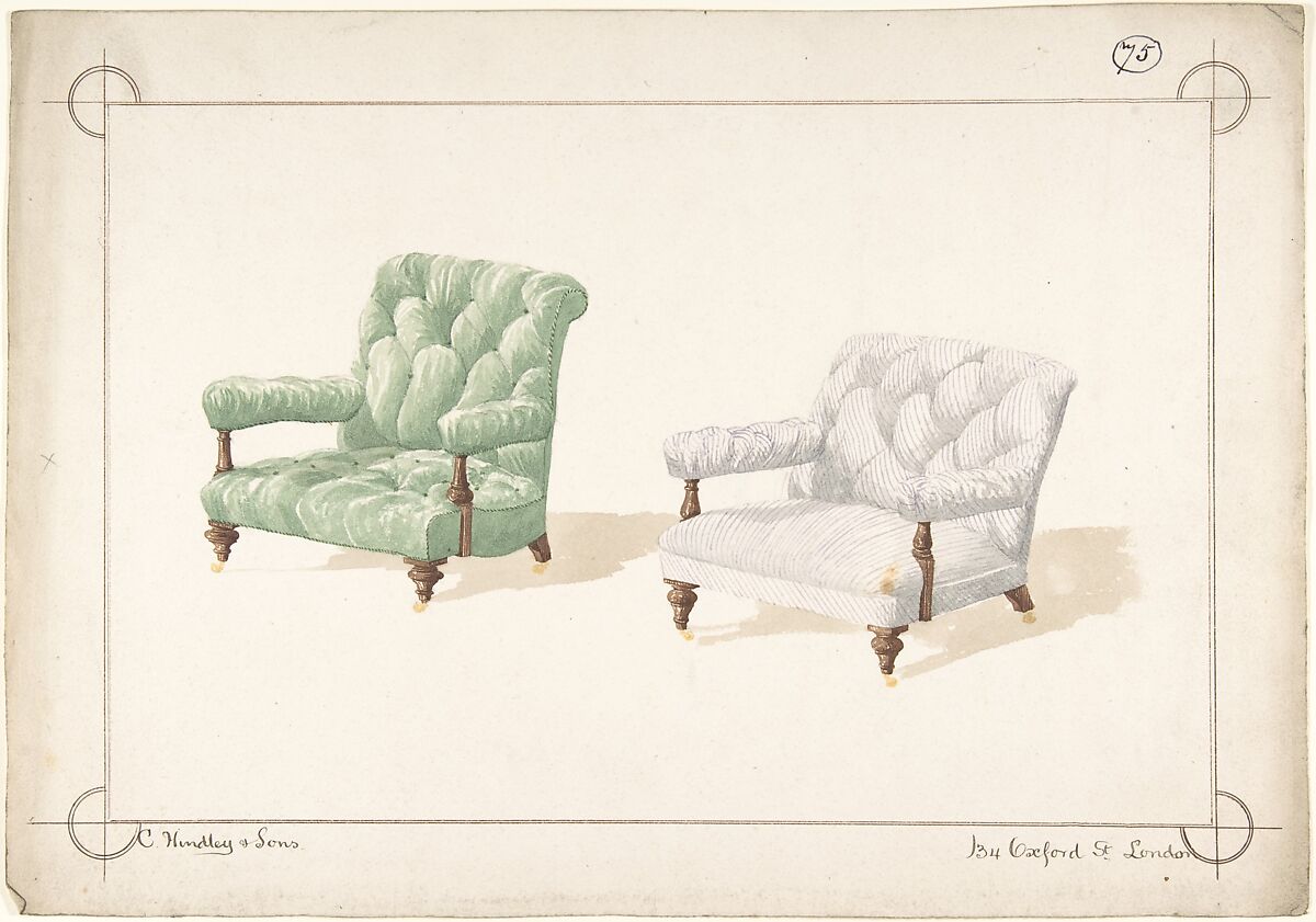 Designs for Two Chairs, Charles Hindley and Sons (British, London 1841–1917 London), Watercolor over graphite 