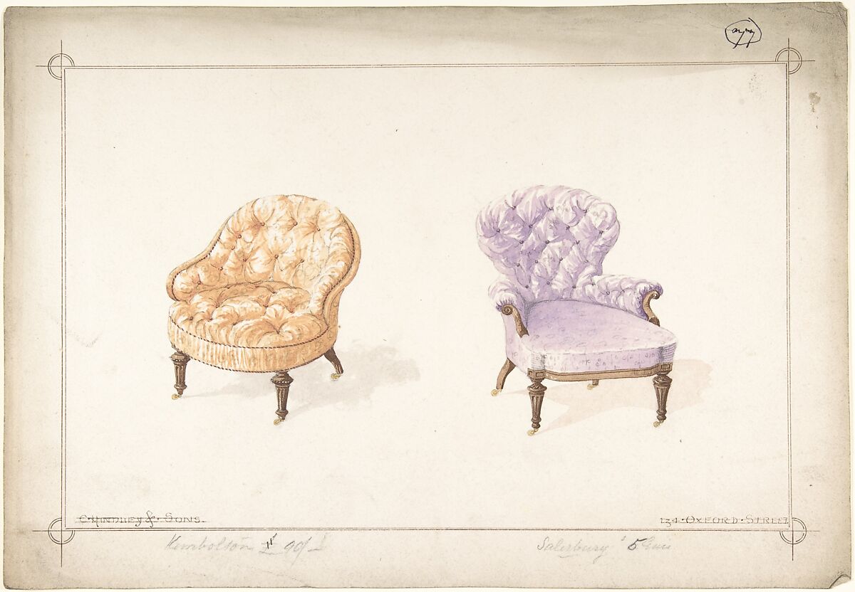 Designs for Two Chairs, Charles Hindley and Sons (British, London 1841–1917 London), Watercolor over graphite 