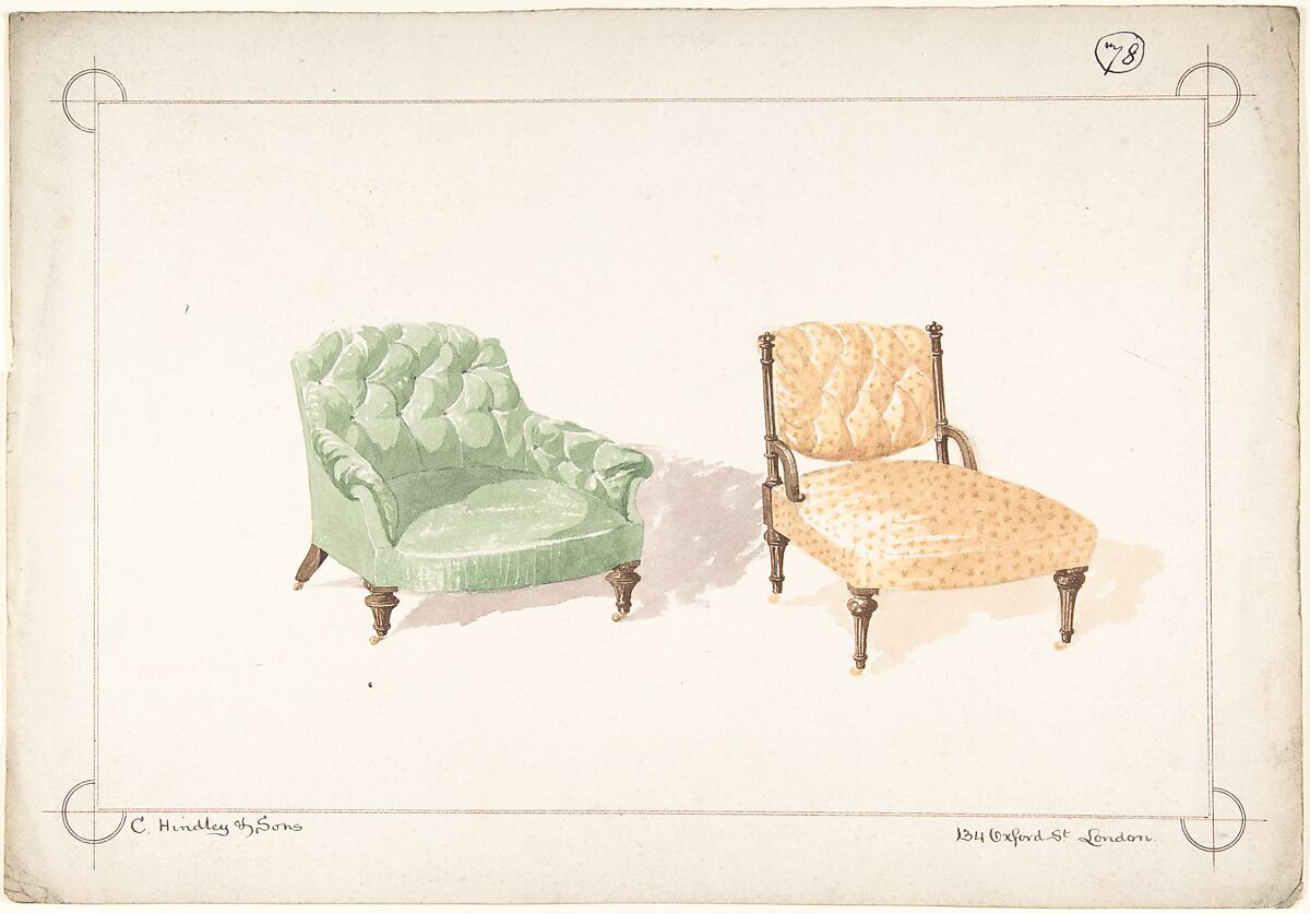 Designs for Two Chairs, Charles Hindley and Sons (British, London 1841–1917 London), Watercolor over graphite 