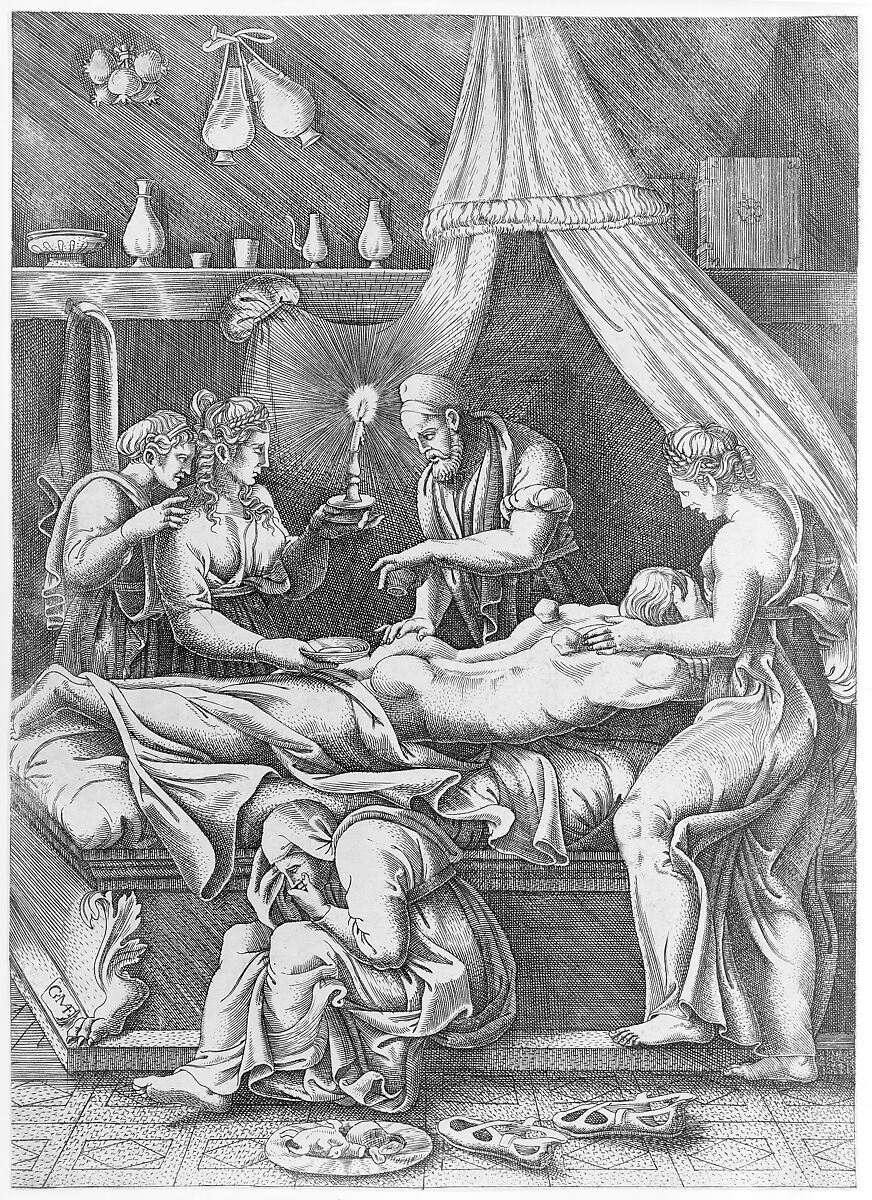 An allegory of sickness, man laying prostrate on a bed surrounded by figures, Engraved by Giorgio Ghisi (Italian, Mantua ca. 1520–1582 Mantua), Engraving (only state)