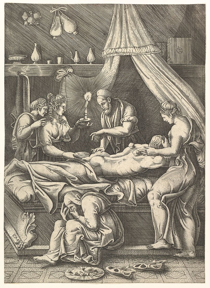 An allegory of sickness, man laying prostrate on a bed surrounded by figures, Giorgio Ghisi  Italian, Engraving (only state)