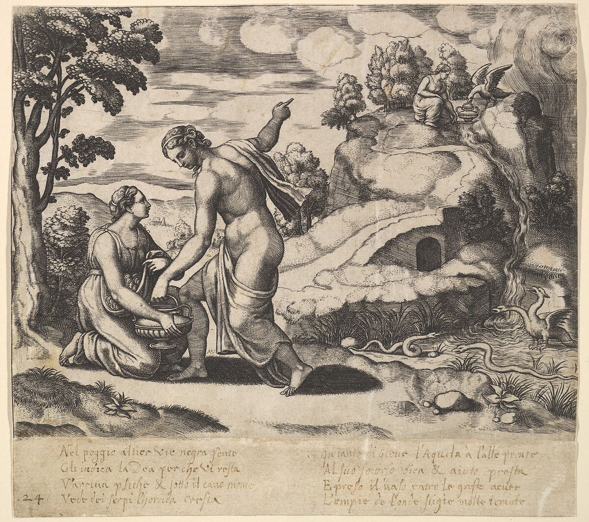 Venus ordering Psyche to take water from a fountain guarded by dragons, from "Fable of Cupid and Psyche", Master of the Die (Italian, active Rome, ca. 1530–60), Engraving 