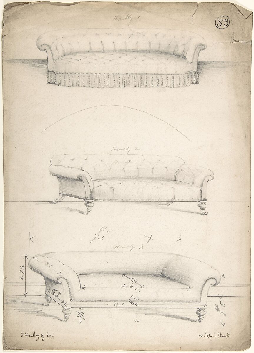 Designs for Three Couches, Charles Hindley and Sons (British, London 1841–1917 London), Graphite 