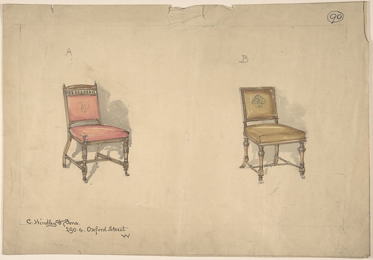 Designs for Two Chairs, Charles Hindley and Sons (British, London 1841–1917 London), Watercolor over graphite 