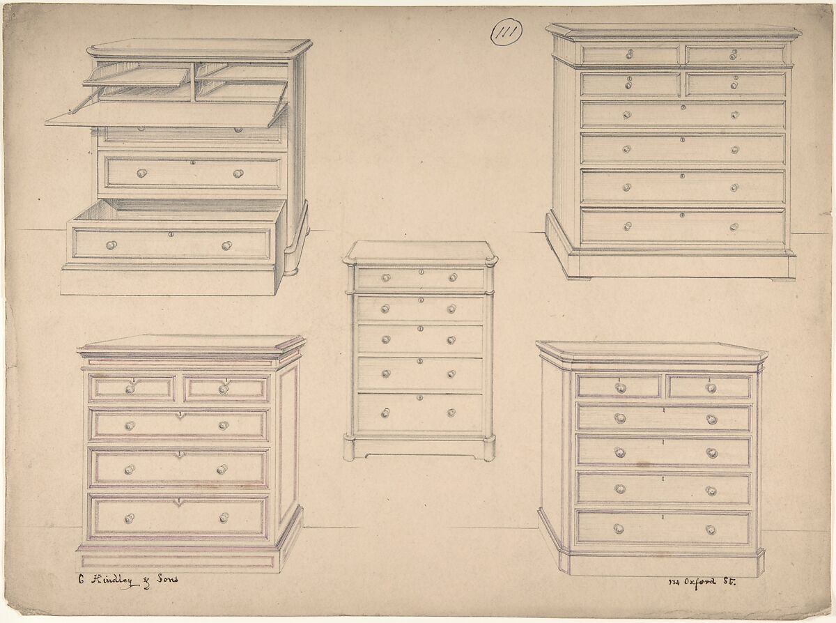 Designs for Chests of Drawers, Charles Hindley and Sons (British, London 1841–1917 London), Graphite and watercolor 