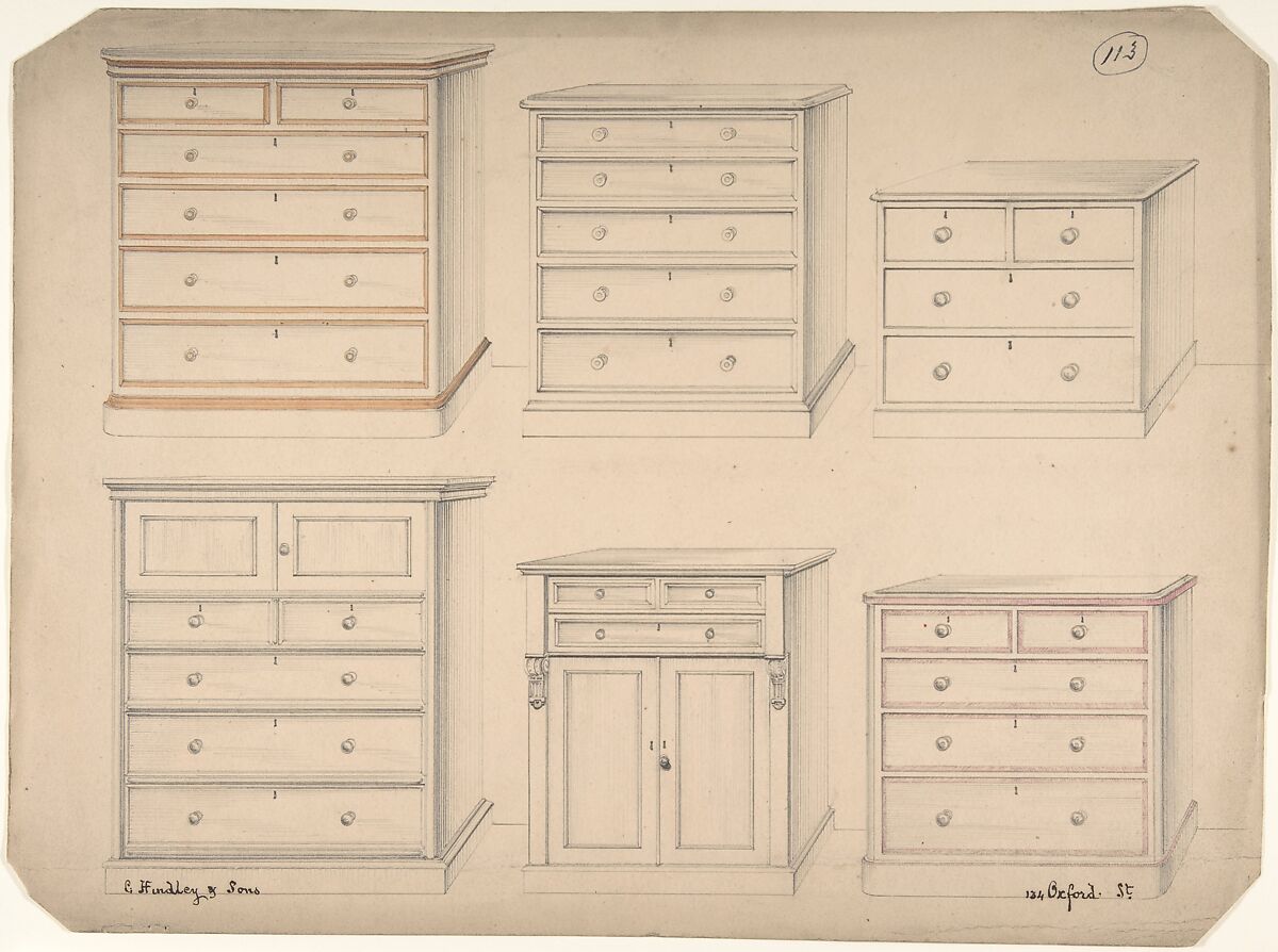 Designs for Chests of Drawers, Charles Hindley and Sons (British, London 1841–1917 London), Graphite 