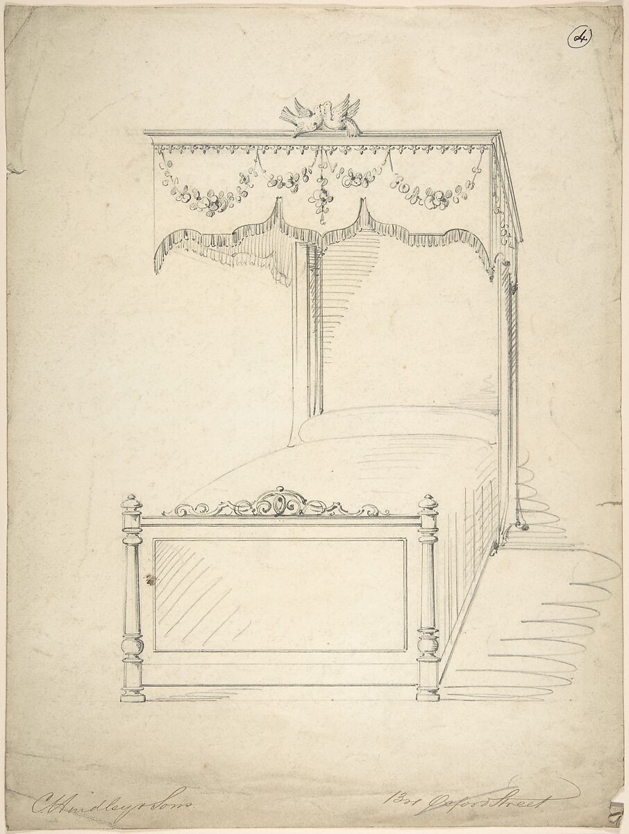 Design for Bed with Canopy, Charles Hindley and Sons (British, London 1841–1917 London), Graphite 