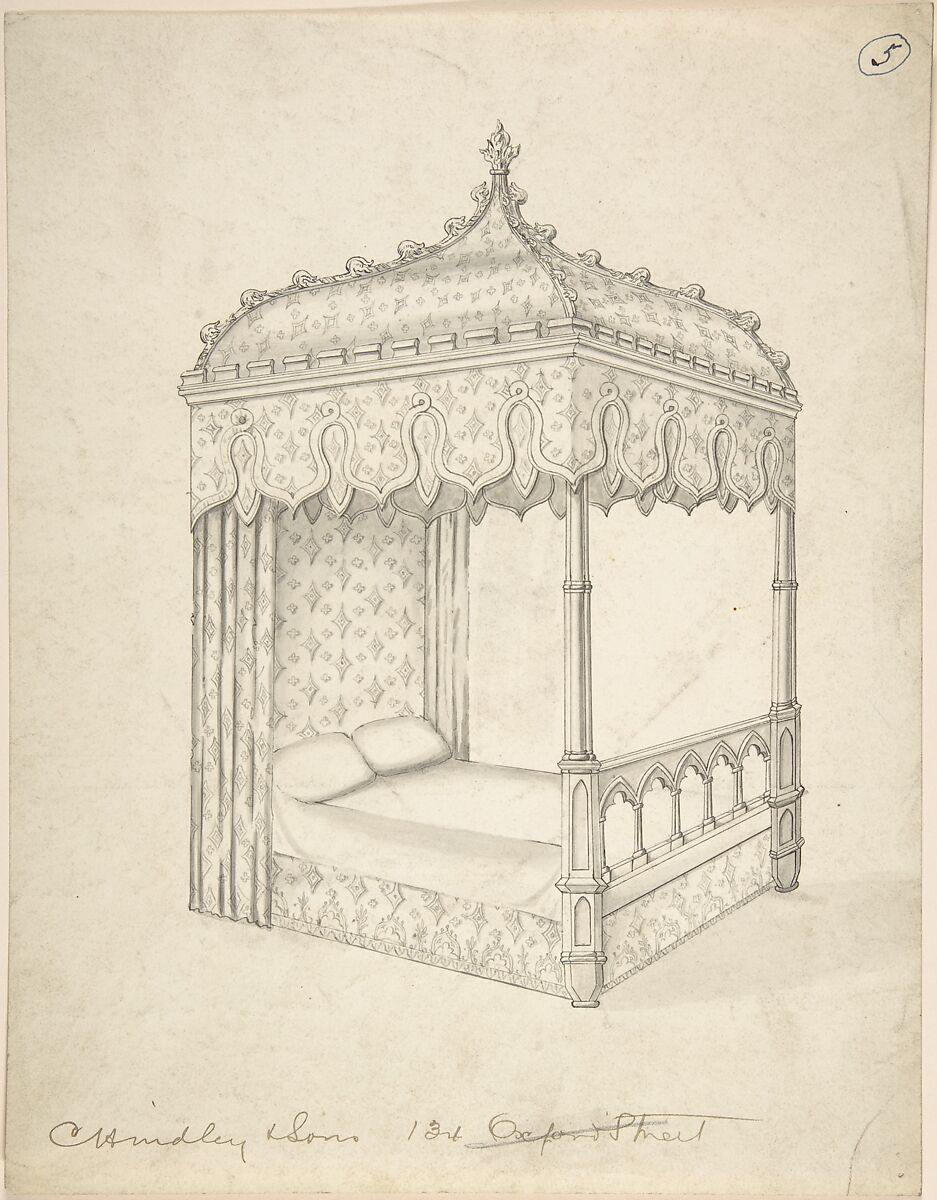 Design for a Gothic Bed with Canopy, Charles Hindley and Sons (British, London 1841–1917 London), Pen and black ink 