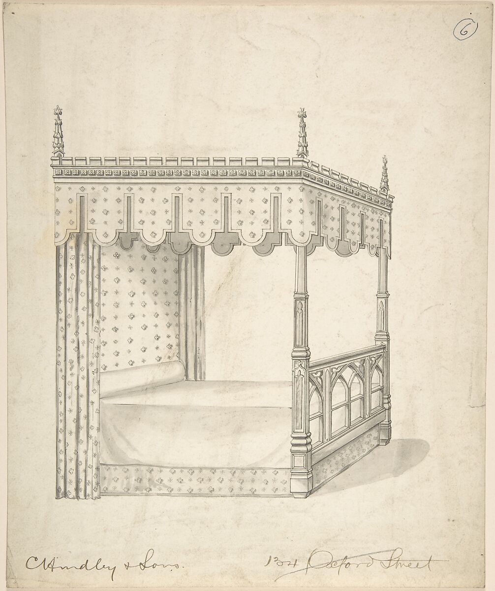 Design for a Gothic Bed with Canopy, Charles Hindley and Sons (British, London 1841–1917 London), Pen and black ink 