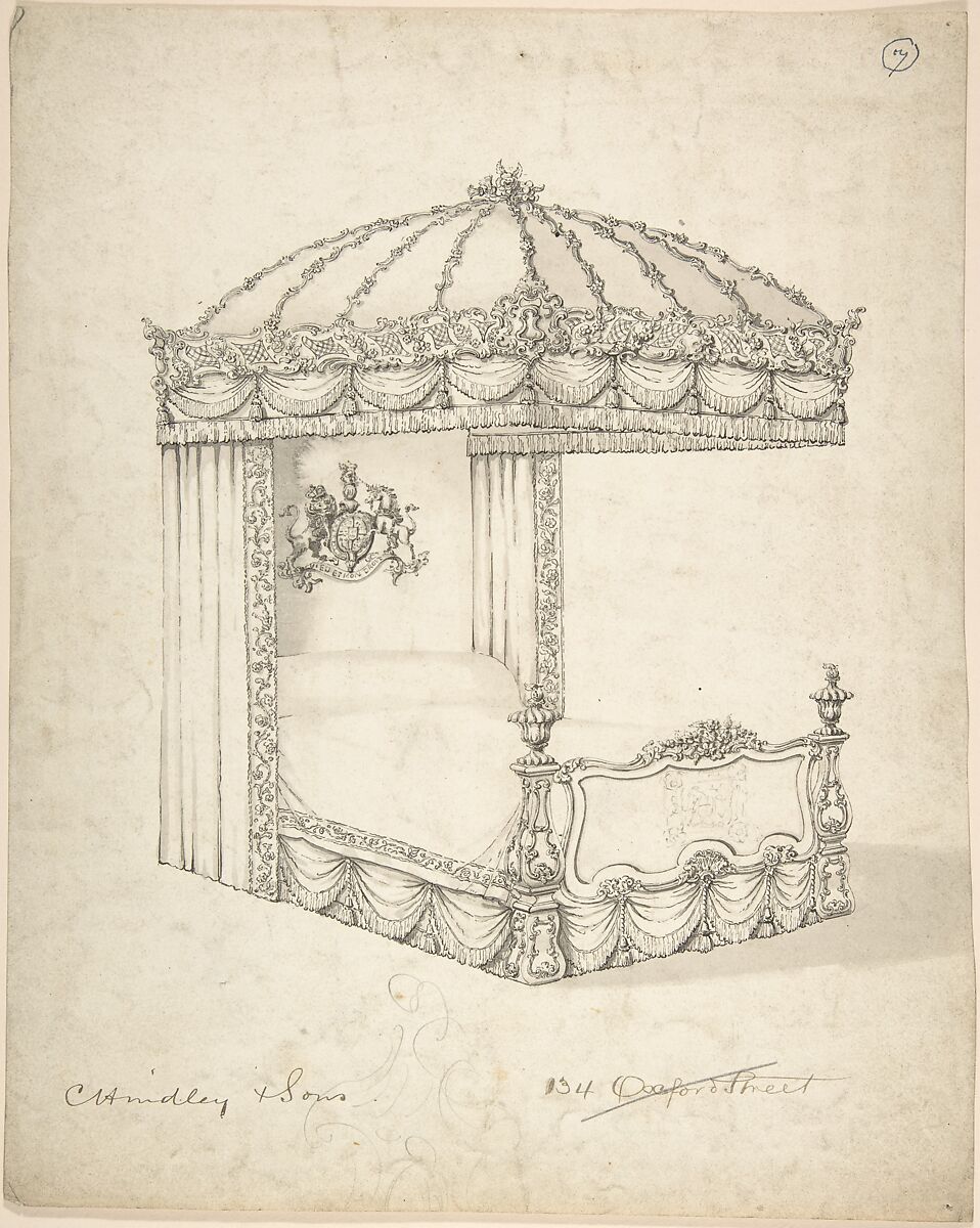 Design for Bed and Canopy, Charles Hindley and Sons (British, London 1841–1917 London), Pen and black ink 