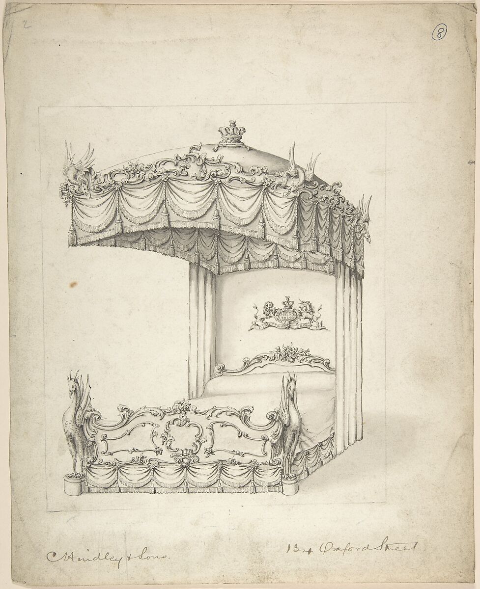 Design for Bed and Canopy, Charles Hindley and Sons (British, London 1841–1917 London), Pen and black ink 