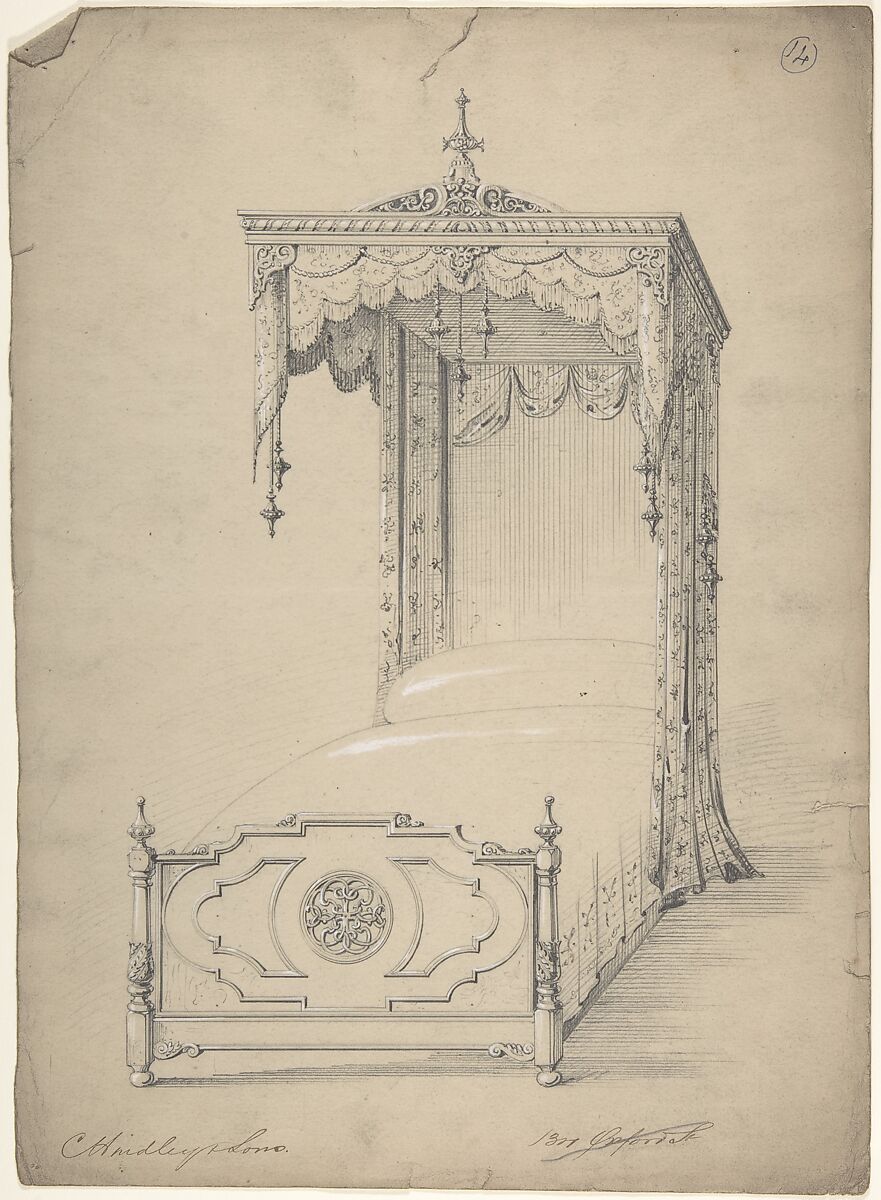 Design for Bed and Canopy, Charles Hindley and Sons (British, London 1841–1917 London), Graphite with touches of white gouache 