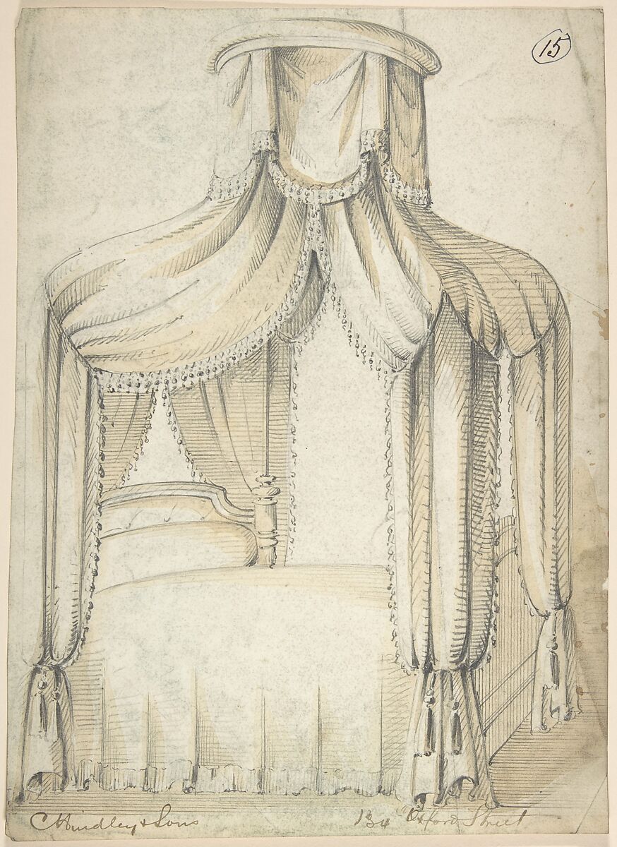 Design for Bed and Canopy, Charles Hindley and Sons (British, London 1841–1917 London), Brush and brown wash over graphite 