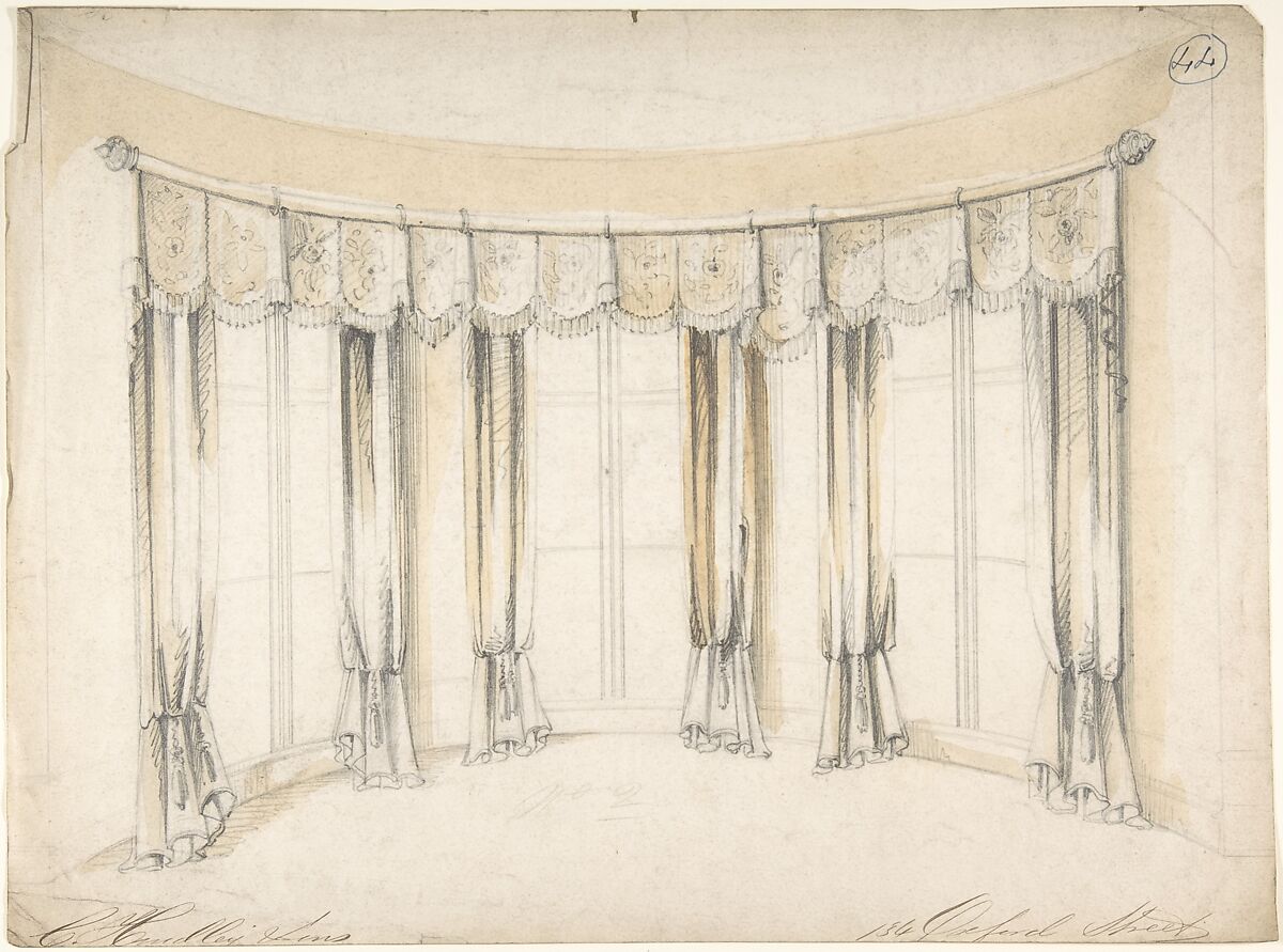 Design for Curtains for Three Windows, Charles Hindley and Sons (British, London 1841–1917 London), Brush and brown ink wash over graphite 