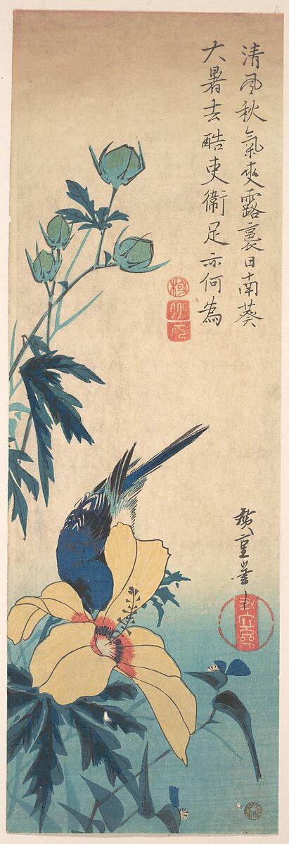 Hibiscus and Bluebird, Utagawa Hiroshige (Japanese, Tokyo (Edo) 1797–1858 Tokyo (Edo)), Woodblock print; ink and color on paper, Japan 