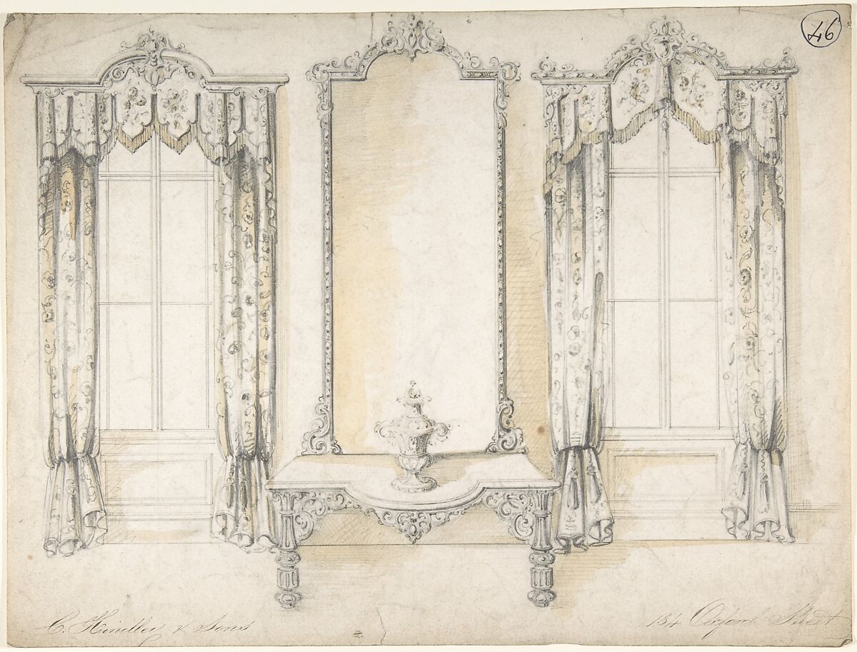 Design for Wall with Fireplace and Side Tables, Charles Hindley and Sons (British, London 1841–1917 London), Graphite with touches of white gouache 