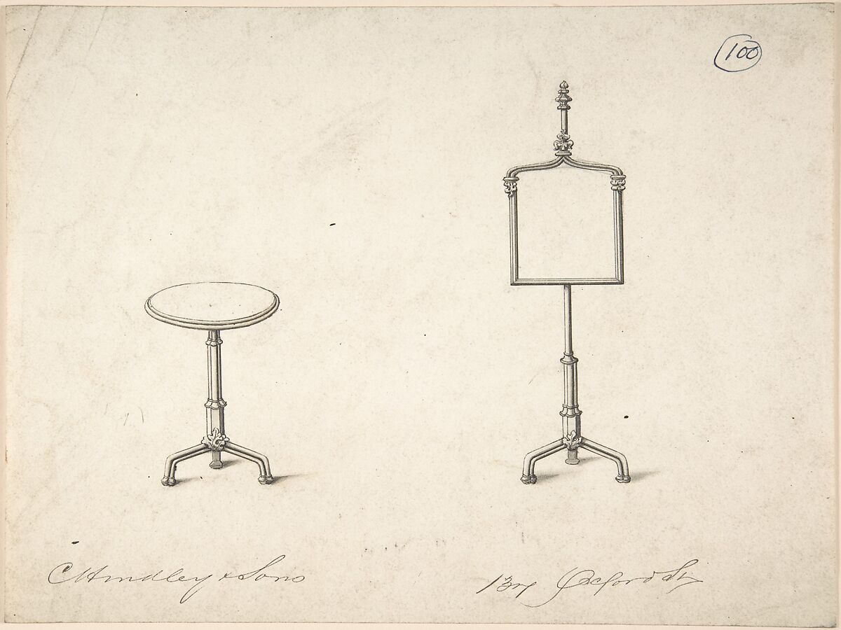Design for a Standing Frame and End Table, Charles Hindley and Sons (British, London 1841–1917 London), Pen and black ink, brush and wash