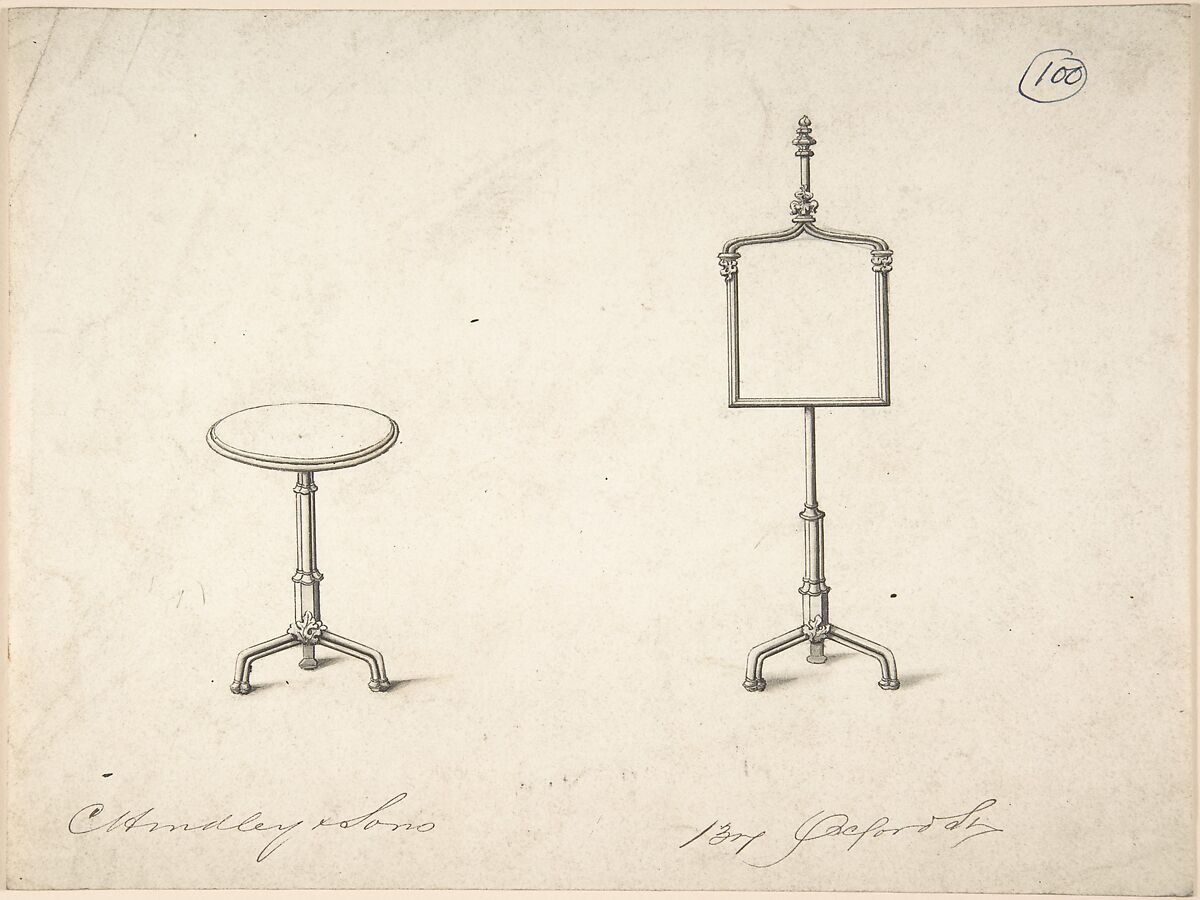 Design for a Standing Frame and End Table, Charles Hindley and Sons (British, London 1841–1917 London), Pen and black ink, brush and wash 