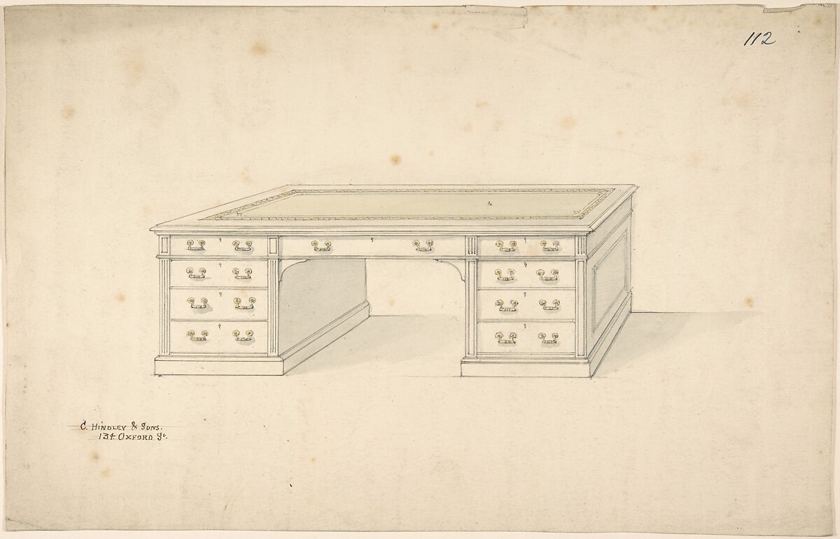 Design for Desk, Charles Hindley and Sons (British, London 1841–1917 London), Graphite and watercolor 