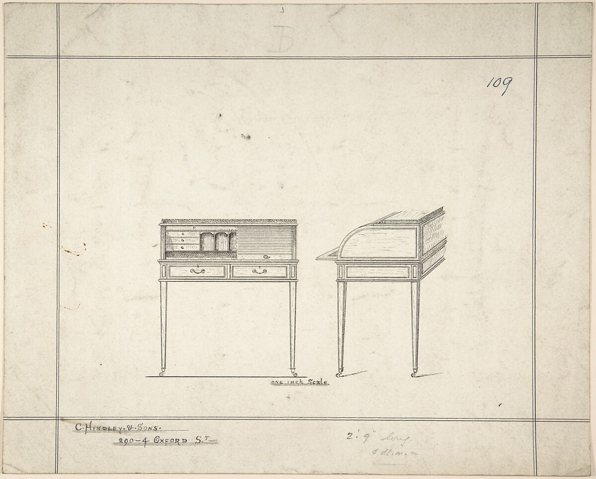 Front and Side Views of Writing Desk, Charles Hindley and Sons (British, London 1841–1917 London), Pen and black ink 