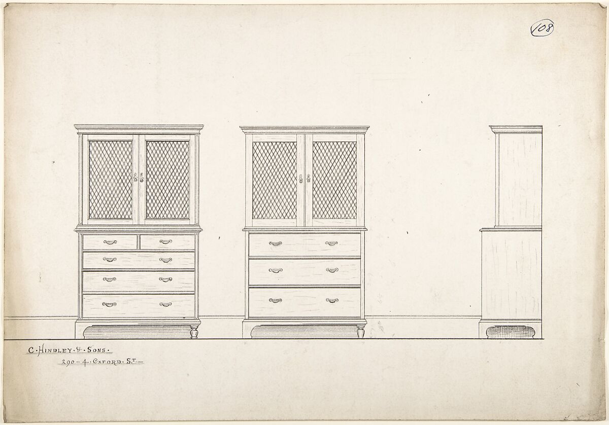 Front and Side Views of Breakfronts, Charles Hindley and Sons (British, London 1841–1917 London), Pen and black ink