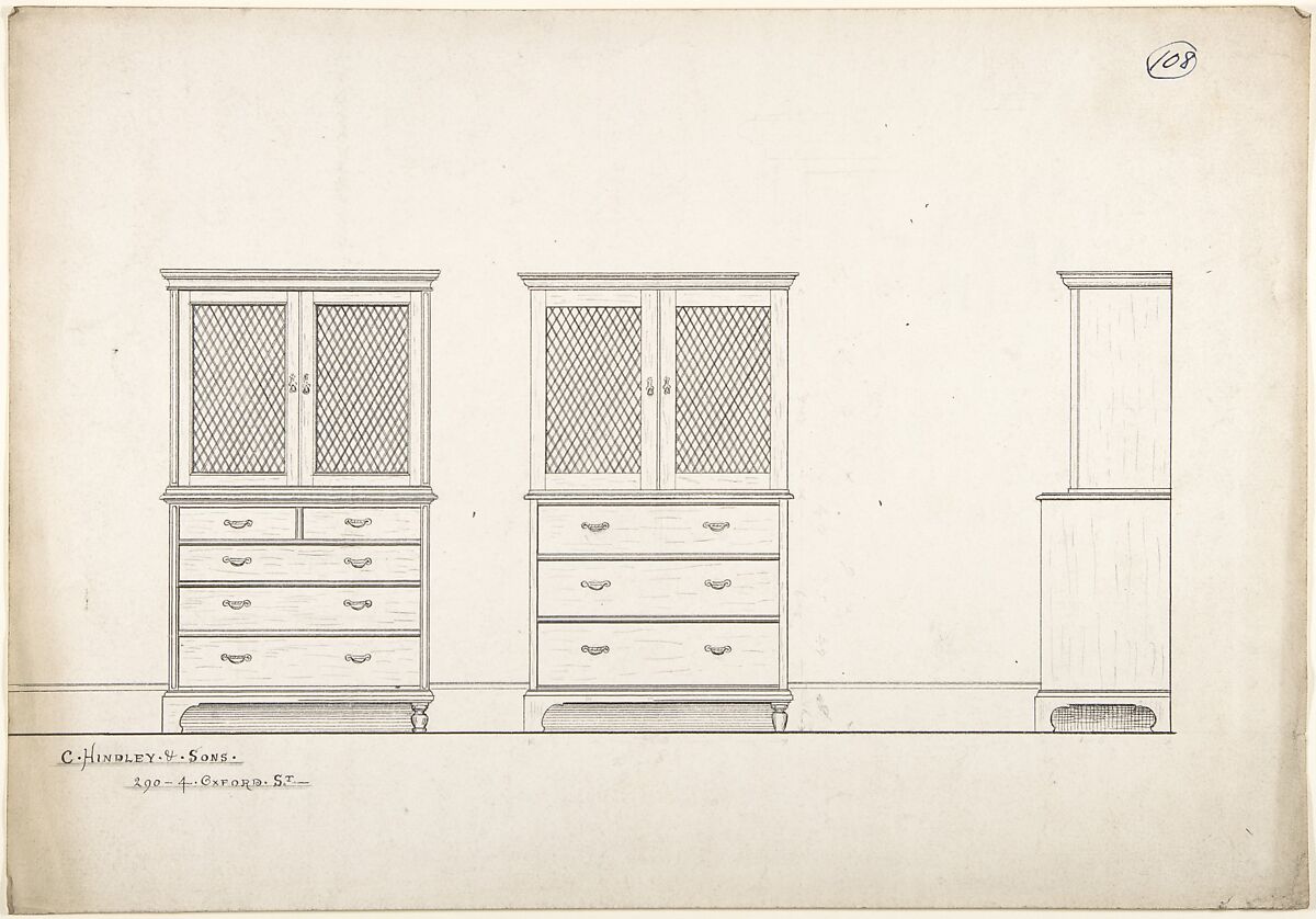 Front and Side Views of Breakfronts, Charles Hindley and Sons (British, London 1841–1917 London), Pen and black ink 