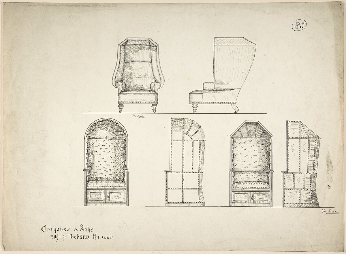 Designs for Chair and Window Seats, Charles Hindley and Sons (British, London 1841–1917 London), Pen and black ink 