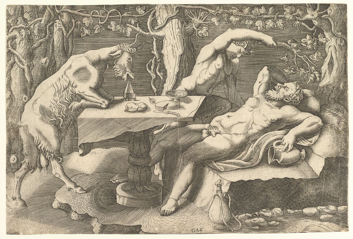 Silenus sleeping at right, taunted by a Satyr, and a Goat climbing on a table at left, Giorgio Ghisi (Italian, Mantua ca. 1520–1582 Mantua), Engraving 