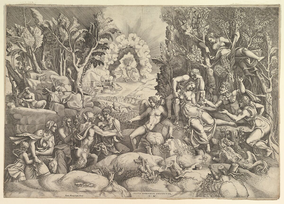 The Death of Procris; Cephalus mournig the death of Procris on the right surrounded by Cupid and mourning satyrs and nymphs, the goddess of dawn in her chariot in the background, Giorgio Ghisi (Italian, Mantua ca. 1520–1582 Mantua), Engraving; third state of ten (BLL) 