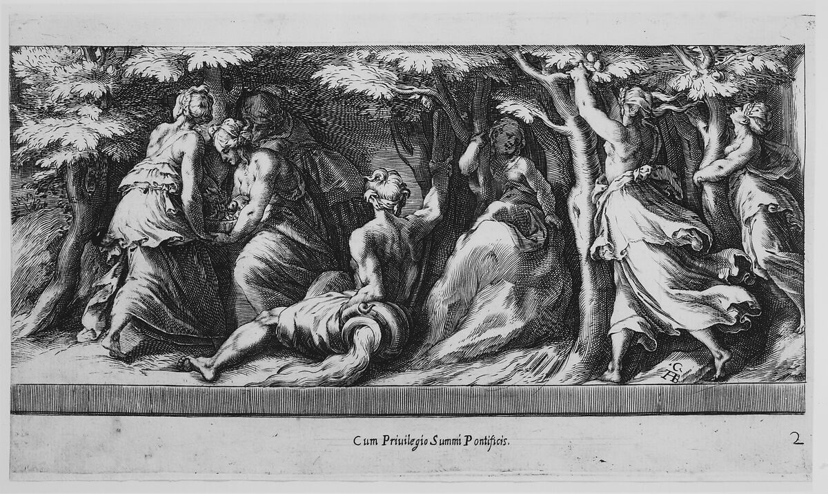 Perseus in the Garden of the Hesperides, Cherubino Alberti (Zaccaria Mattia) (Italian, Borgo Sansepolcro 1553–1615 Rome), Engraving