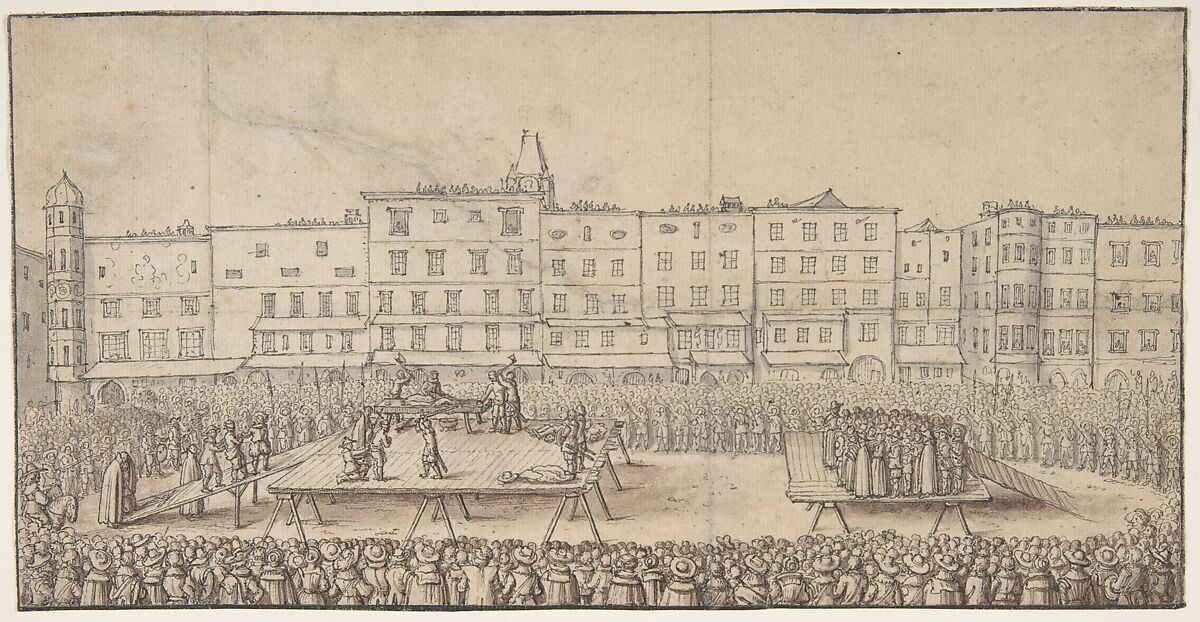 An Execution of Seven Boores Rebels in Lintz, June 16, 1636, Anonymous, Pen and black ink