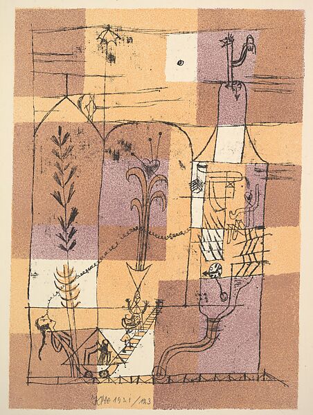 Hoffmannesque Scene (Hofmanneske Szene), Paul Klee (German (born Switzerland), Münchenbuchsee 1879–1940 Muralto-Locarno), Lithograph in gold, maroon, brown and black 