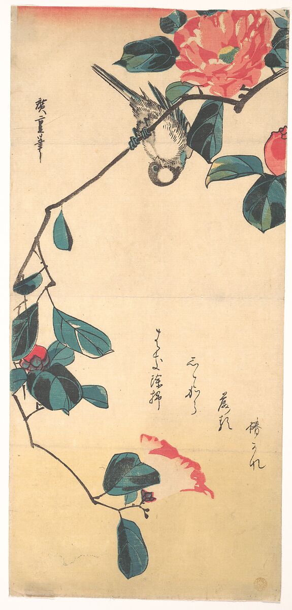 Camellia and Bullfinch, Utagawa Hiroshige (Japanese, Tokyo (Edo) 1797–1858 Tokyo (Edo)), Woodblock print; ink and color on paper, Japan 