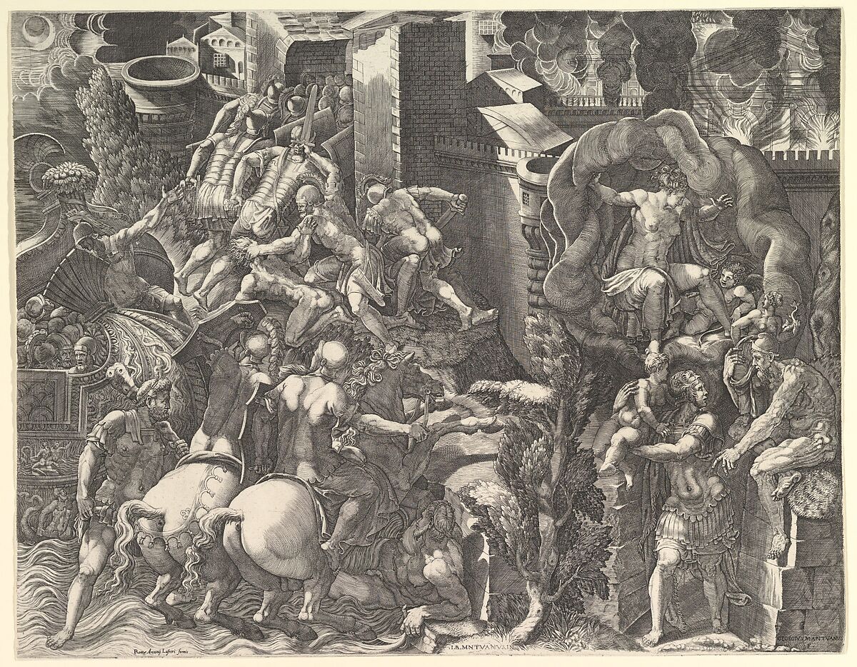 The Fall of Troy and the Escape of Aeneas, Giorgio Ghisi (Italian, Mantua ca. 1520–1582 Mantua), Engraving; second state of five (BLL) 