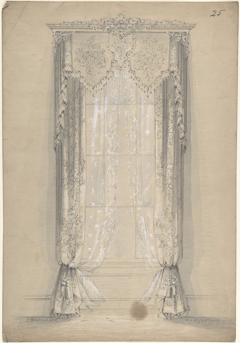 Design for Curtains, Charles Hindley and Sons (British, London 1841–1917 London), Graphite with touches of white gouache 