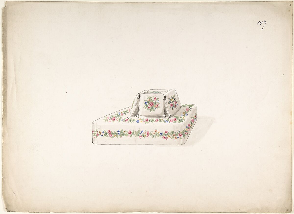 Design for Cushioned Bench, Charles Hindley and Sons (British, London 1841–1917 London), Pen and black ink, watercolor, over graphite 
