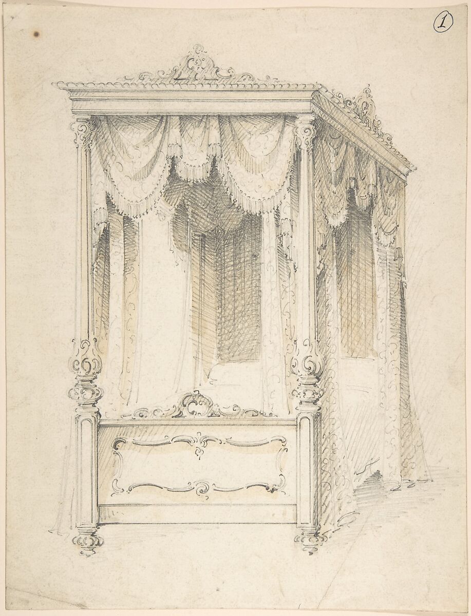 Design for Bed with a Canopy, Charles Hindley and Sons (British, London 1841–1917 London), Brush and brown wash over graphite 