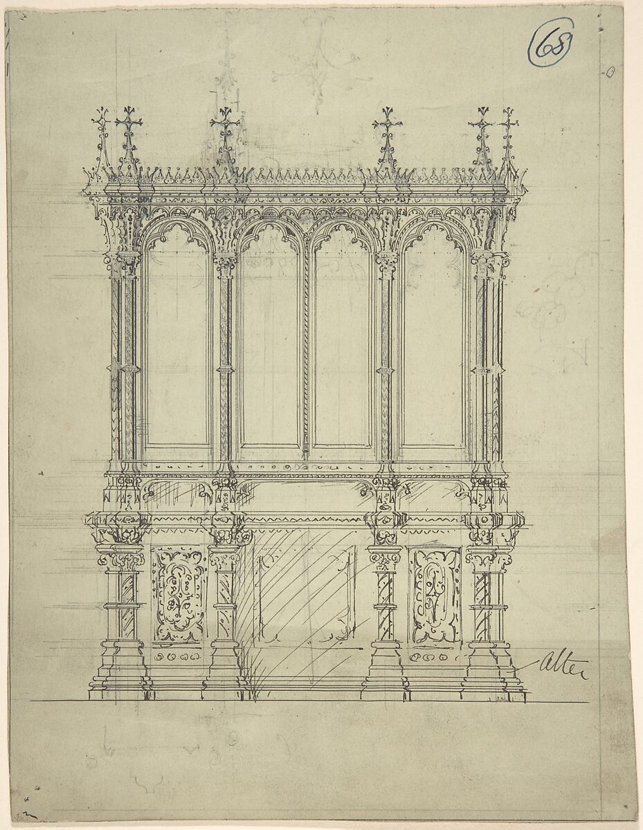 Design for a Gothic Cabinet, Charles Hindley and Sons (British, London 1841–1917 London), Pen and black ink over graphite 