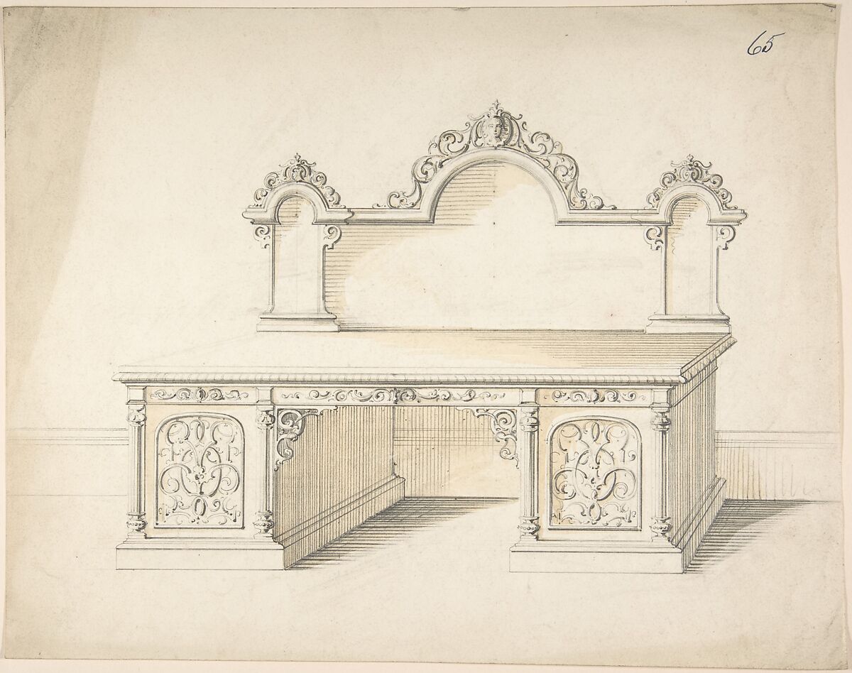 Design for a Desk, Charles Hindley and Sons (British, London 1841–1917 London), Brush and brown wash over graphite 