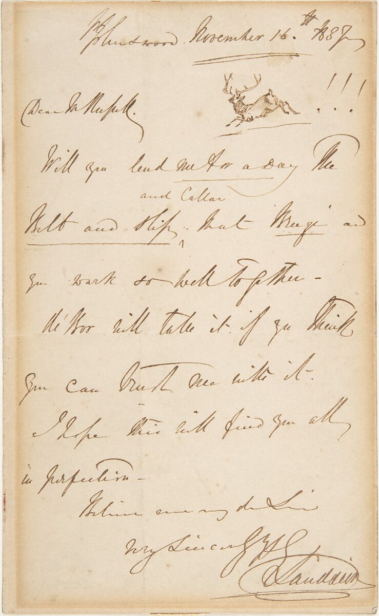 Letter, Sir Edwin Henry Landseer (British, London 1802–1873 London), Pen and brown ink 