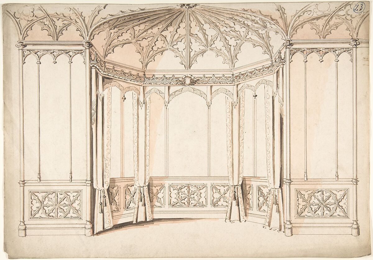 Design for a Gothic Bay Window, Charles Hindley and Sons (British, London 1841–1917 London), Pen and brown ink, brush and red wash 