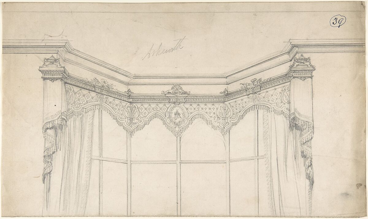 Partial Design for Bay Window with Monogrammed Curtains, Charles Hindley and Sons (British, London 1841–1917 London), Graphite 