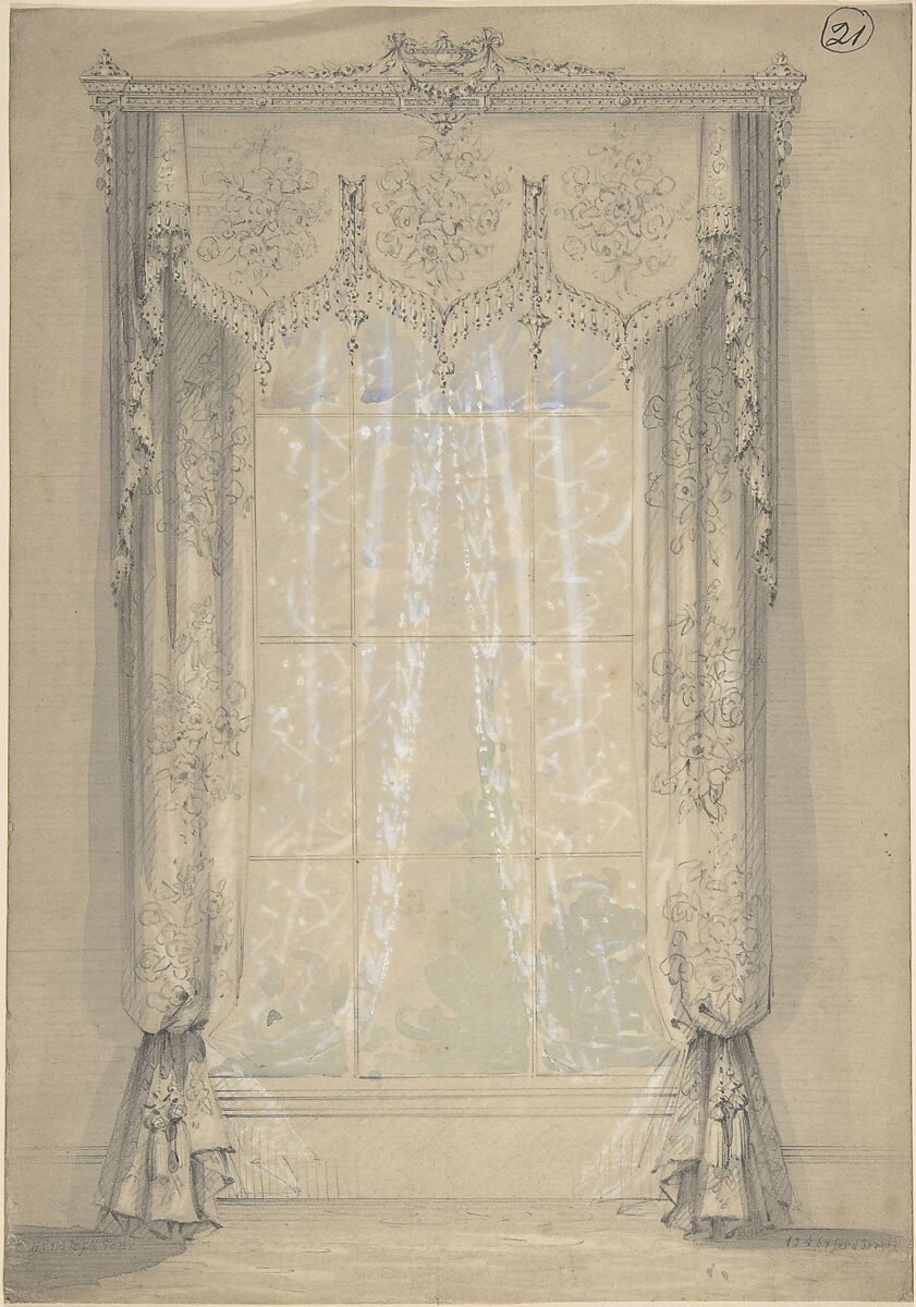 Design for Curtains, Charles Hindley and Sons (British, London 1841–1917 London), Graphite with touches of watercolor and white gouache 