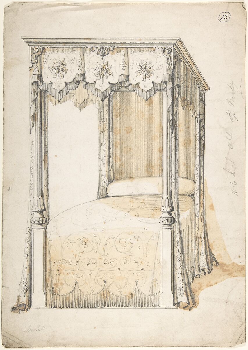Design for a Bed and Canopy, Charles Hindley and Sons (British, London 1841–1917 London), Brush and brown wash over graphite 