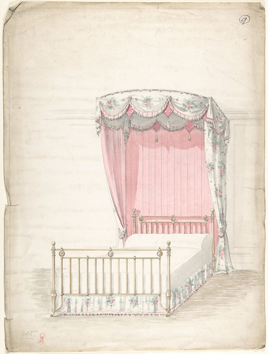 Design for a Bed and Canopy, Charles Hindley and Sons (British, London 1841–1917 London), Watercolor over graphite 