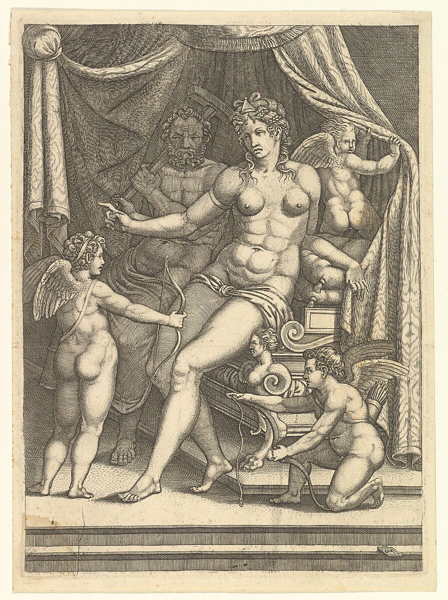 Venus and Vulcan Seated on a Bed and Three Putti, Giorgio Ghisi (Italian, Mantua ca. 1520–1582 Mantua), Engraving 