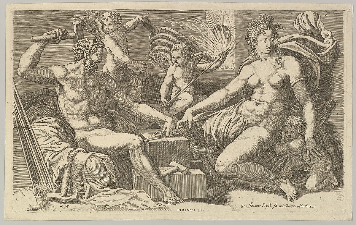 Venus and Vulcan at the Forge, Giorgio Ghisi (Italian, Mantua ca. 1520–1582 Mantua), Engraving 